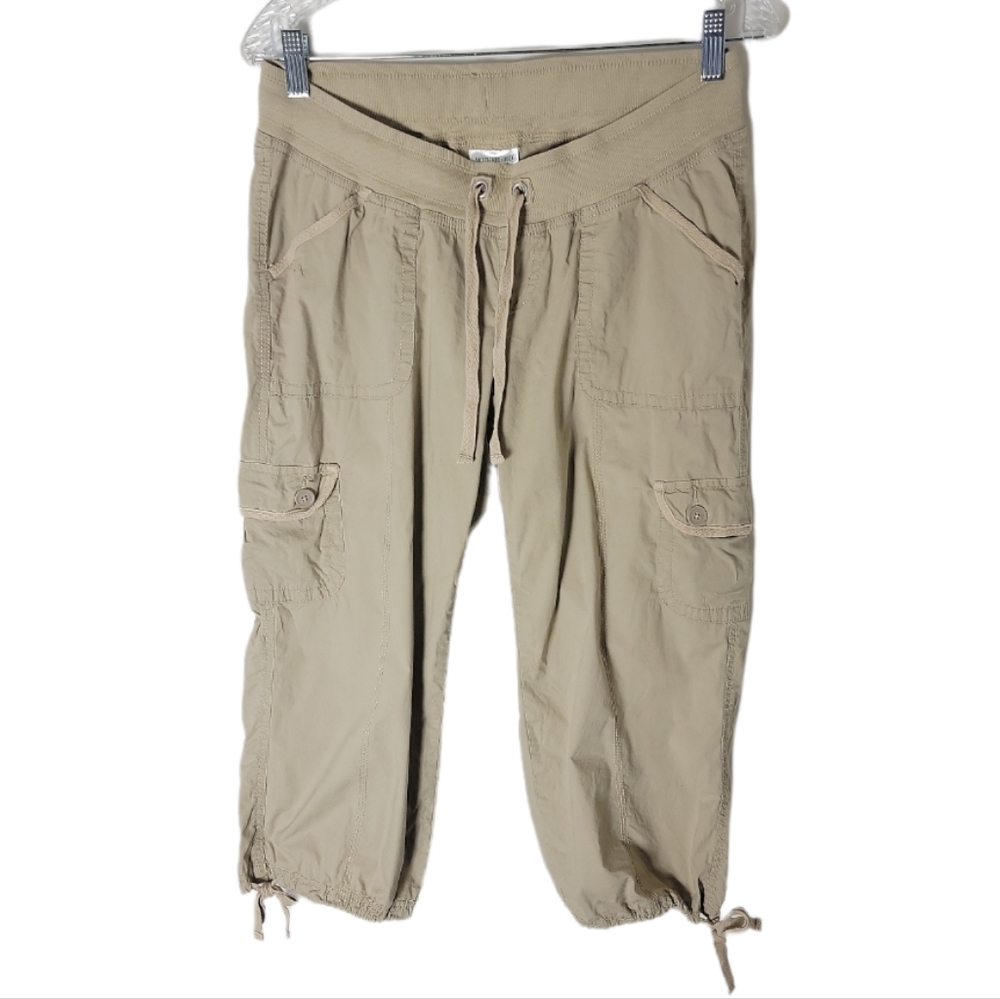 Motherhood maternity tan khaki cargo capri pants medium drawstring casual